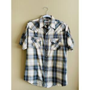Men's Ely Cattleman SZ Medium Short-Sleeve Brown/Blue Plaid Button-Up Shirt